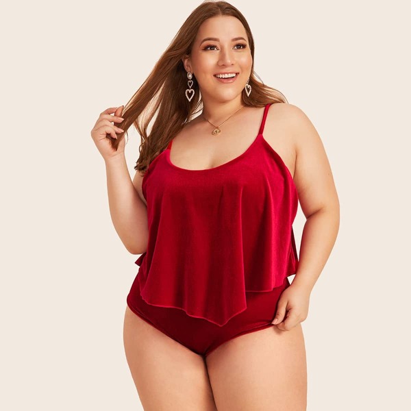 

Plus Flounce Overlay Velvet Cami Bodysuit