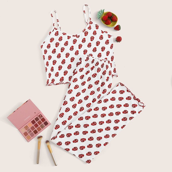 

Lip Print Lettuce Trim Cami Pajama Set