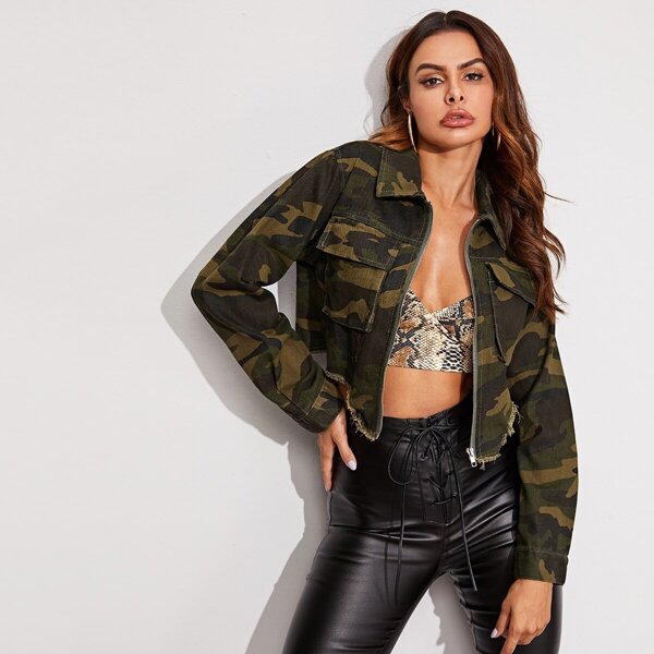 

Camouflage Raw Hem Zipper UP Denim Jacket, Army green