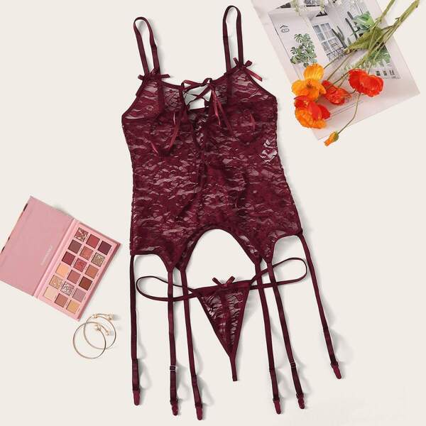 

Floral Lace Lace-up Garter Lingerie Set, Burgundy