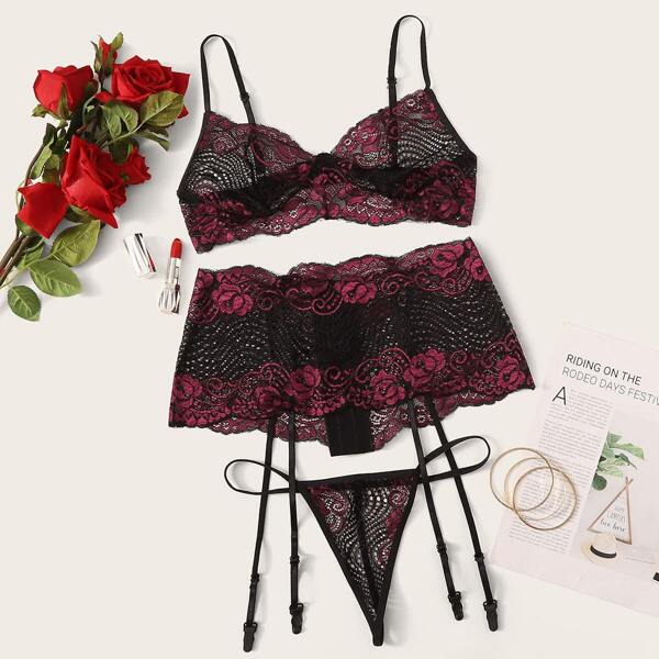 

Floral Lace Garter Lingerie Set
