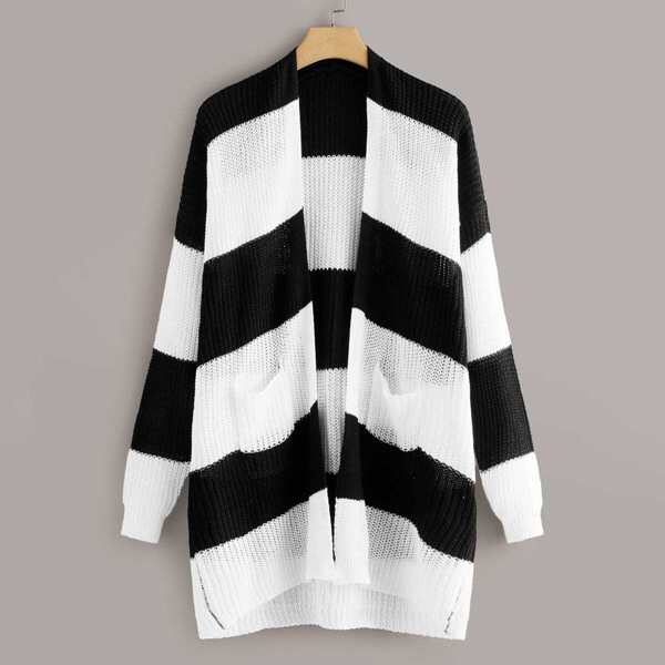 

Plus Block Stripe Oversized Cardigan, Black and white