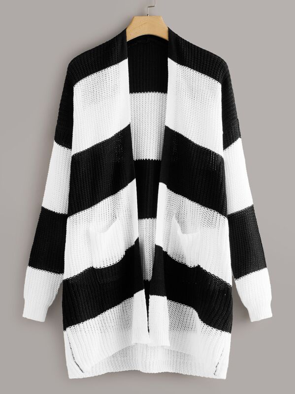 

Plus Block Stripe Oversized Cardigan, Black and white