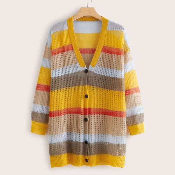 

Plus Open Knit Colorblock Cardigan, Multicolor