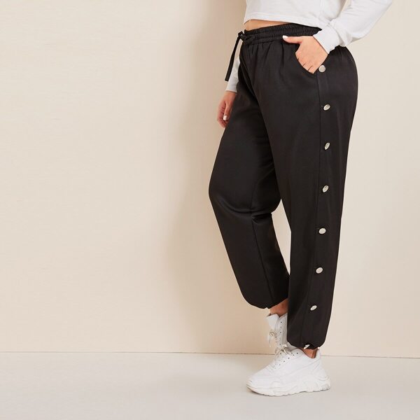 

Plus Button Side Elastic Waist Pants, Black