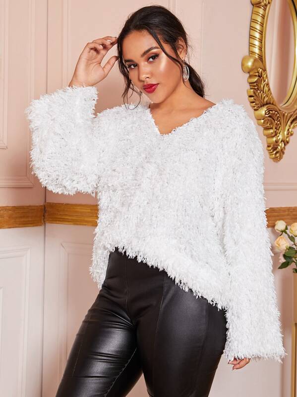 

Plus Loose Fit Shaggy Jumper, White, Emilie