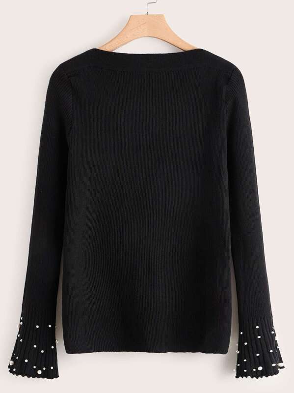

Plus Faux Pearl Stud Flute Sleeve Knit Jumper, Black