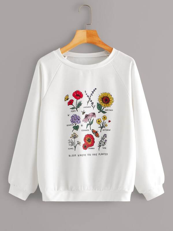 

Floral & Letter Raglan Sleeve Sweatshirt, White