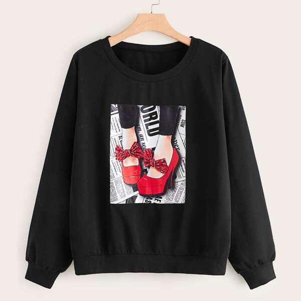 

Plus Heels & Newspaper Print Sweatshirt, Black