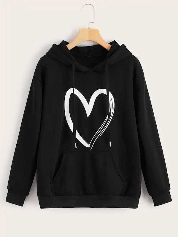 

Plus Heart Print Kangaroo Pocket Hoodie, Black