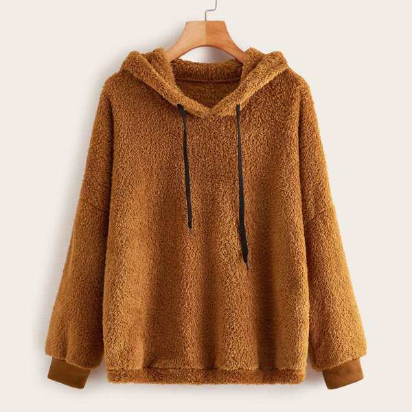 

Solid Drop Shoulder Drawstring Teddy Hoodie, Brown