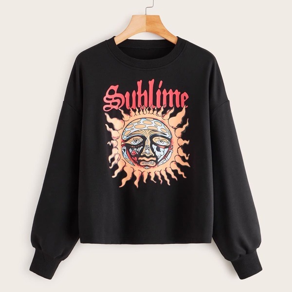 

Graphic Print Drop Shoulder Sweatshirt, Black