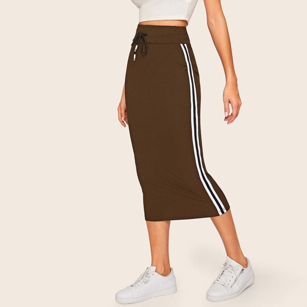 

Drawstring Waist Striped Tape Side Rib-knit Skirt, Brown