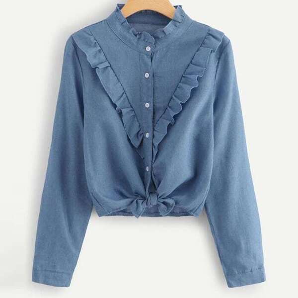 

Plus Denim Ruffle Trim Knot Hem Top, Blue