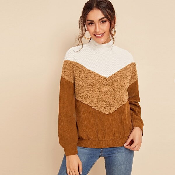 

Mock-Neck Colorblock Teddy Panel Cord Pullover, Multicolor