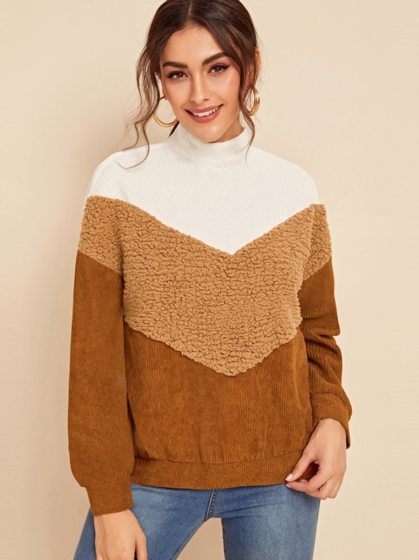 

Mock-Neck Colorblock Teddy Panel Cord Pullover, Multicolor, Carol A