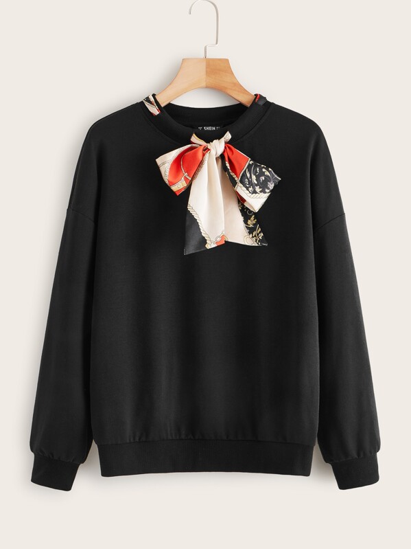 

Contrast Tie Neck Sweatshirt, Black