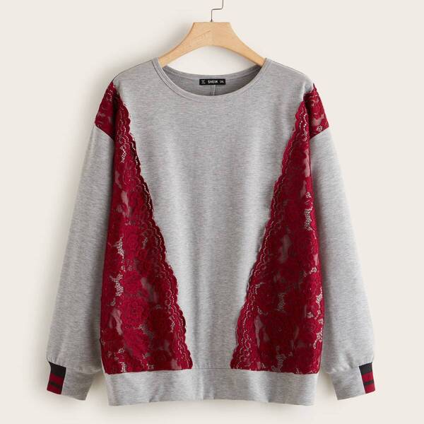 

Plus Contrast Lace Detail Pullover, Grey