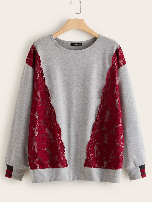 

Plus Contrast Lace Detail Pullover, Grey