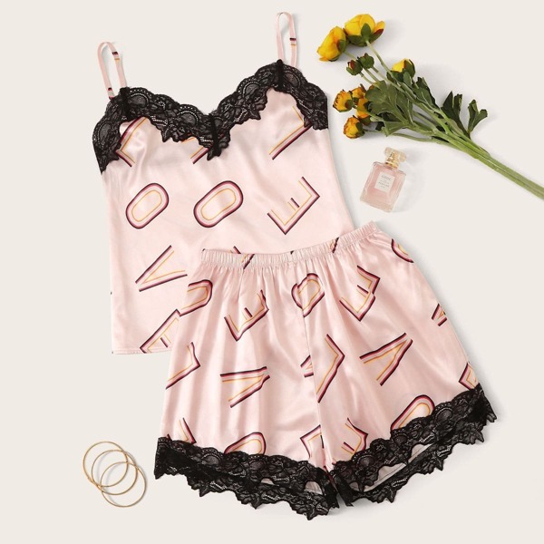 

Letter Print Lace Trim Satin Cami PJ Set