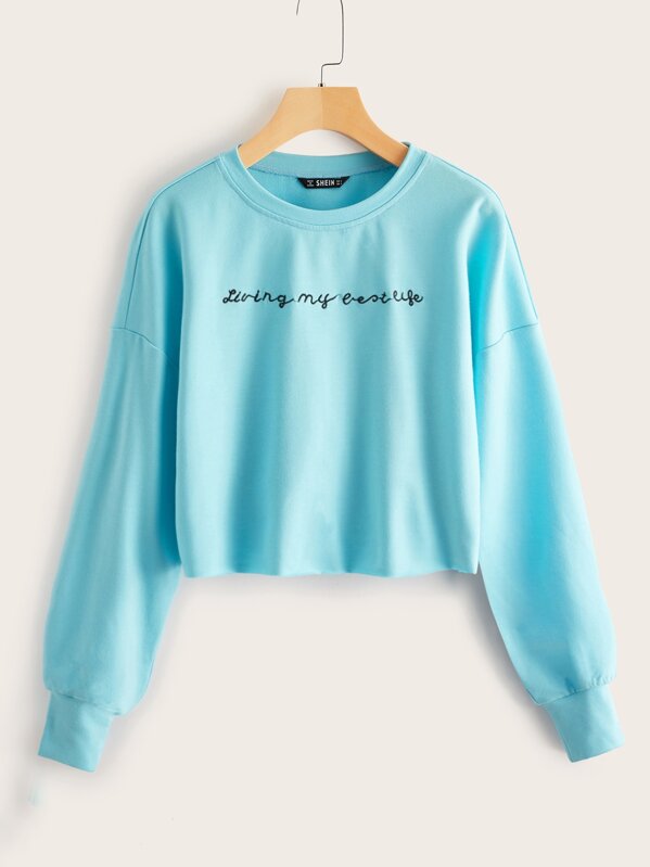 

Drop Shoulder Embroidered Sweatshirt, Blue