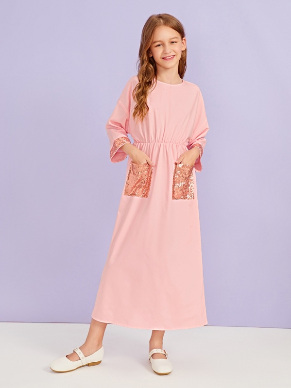 

Girls Sequin Trim Pocket Side Dress, Pink, Sashab