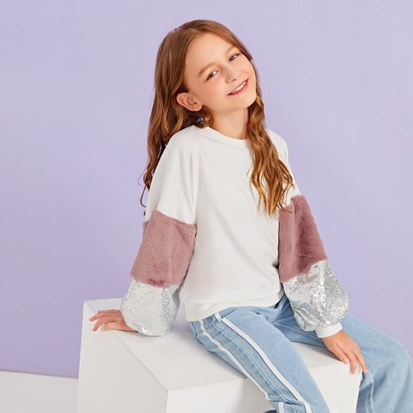 

Girls Contrast Faux Fur & Sequin Lantern Sleeve Pullover, White