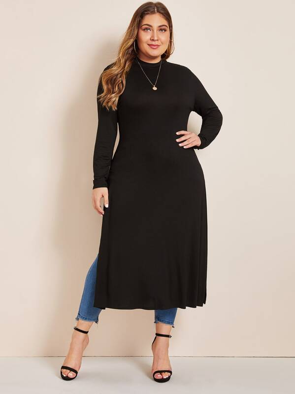 

Plus Split Side Solid Longline Tee, Black, Carol