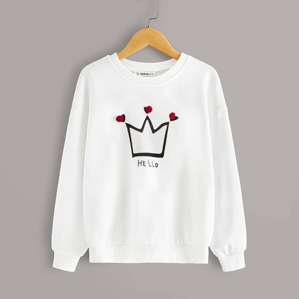

Girls Pompom Detail Graphic Print Pullover, White
