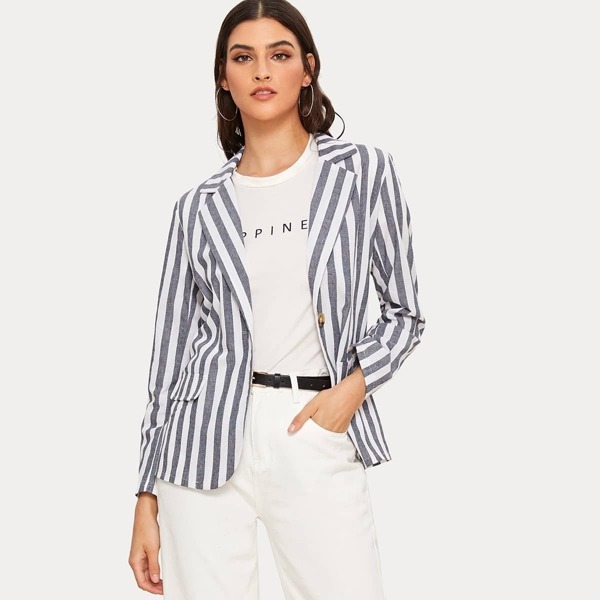 

Striped Single Button Lapel Collar Blazer, Grey