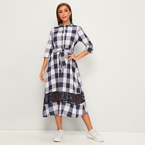 

Lace Insert Buffalo Plaid Belted Shirt Dress, Navy