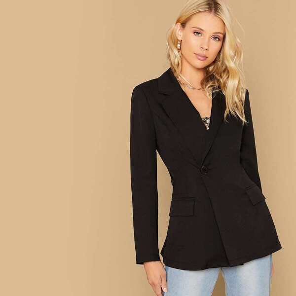 

Notch Collar Self Belted Solid Blazer, Black