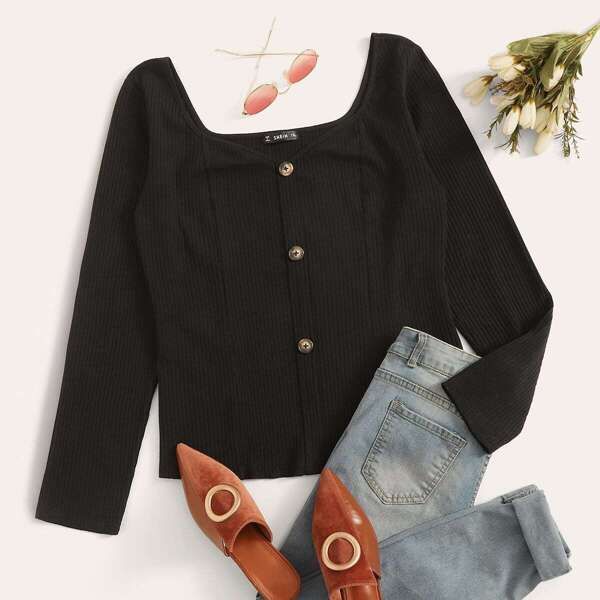 

Plus Button Front Rib-knit Tee, Black