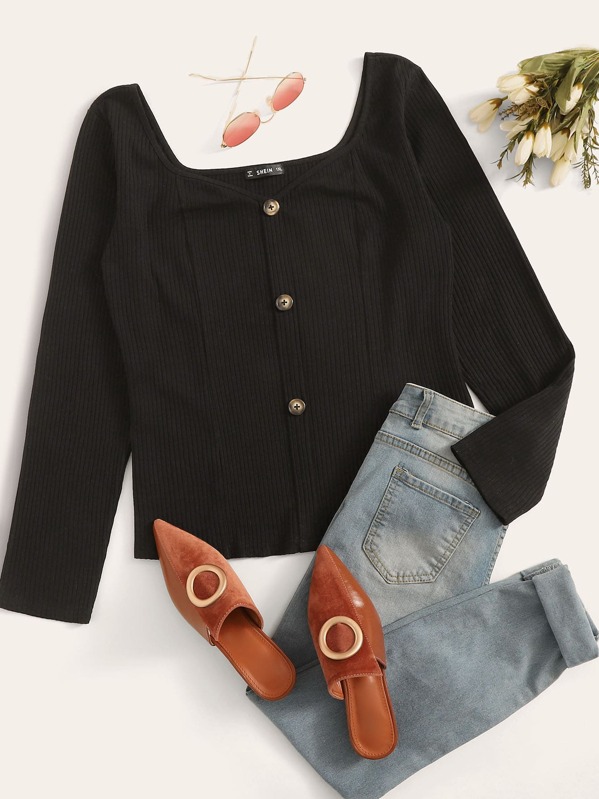 

Plus Button Front Rib-knit Tee, Black