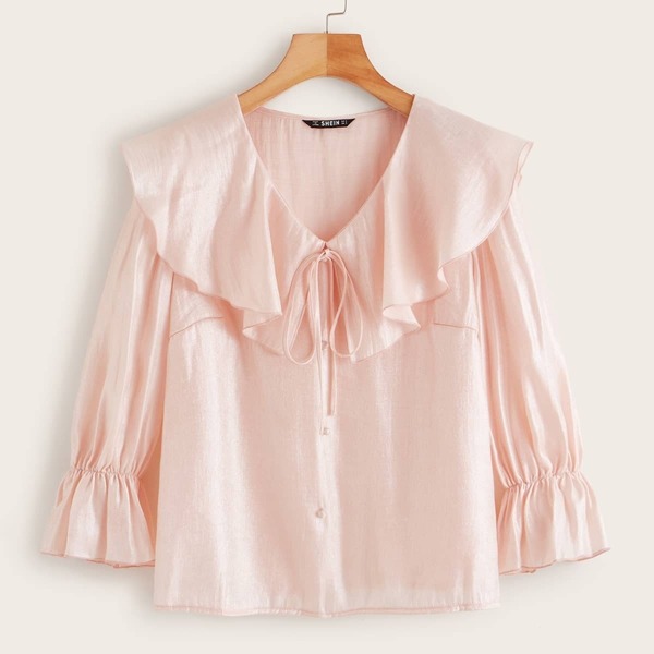 

Tie Neck Foldover Flounce Sleeve Silky Shirt, Pink pastel