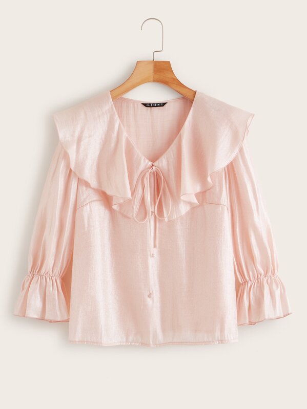 

Tie Neck Foldover Flounce Sleeve Silky Shirt, Pink, Rona Mahal