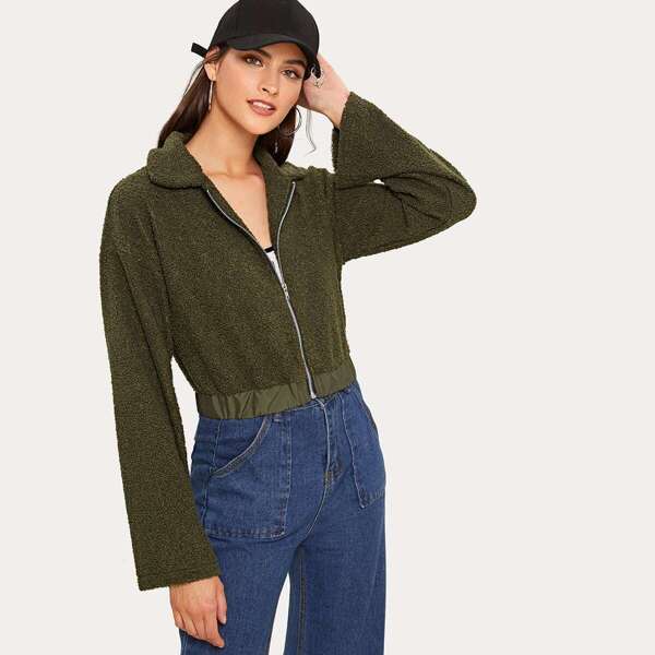 

Solid Zipper Up Teddy Jacket, Green