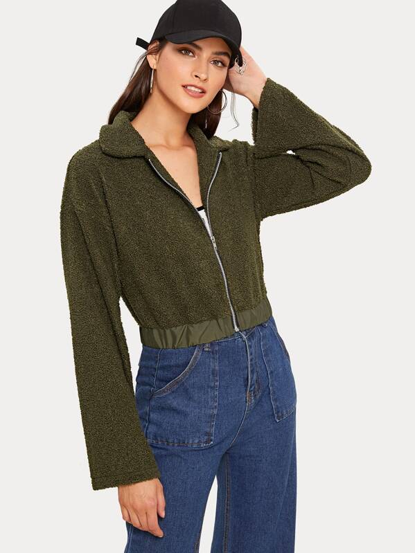 

Solid Zipper Up Teddy Jacket, Green, GG