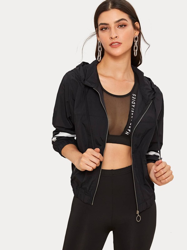 

Chevron Print Ring Zipper Hooded Windbreaker Jacket, Black, GG