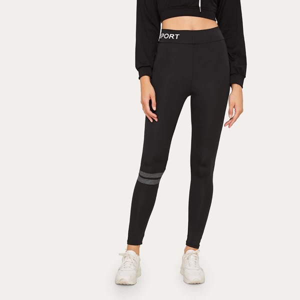 

Letter Print Striped Panel Leggings, Black