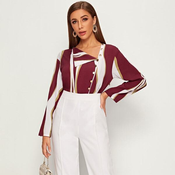 

Asymmetrical Neck Button Front Colorblock Top, Burgundy