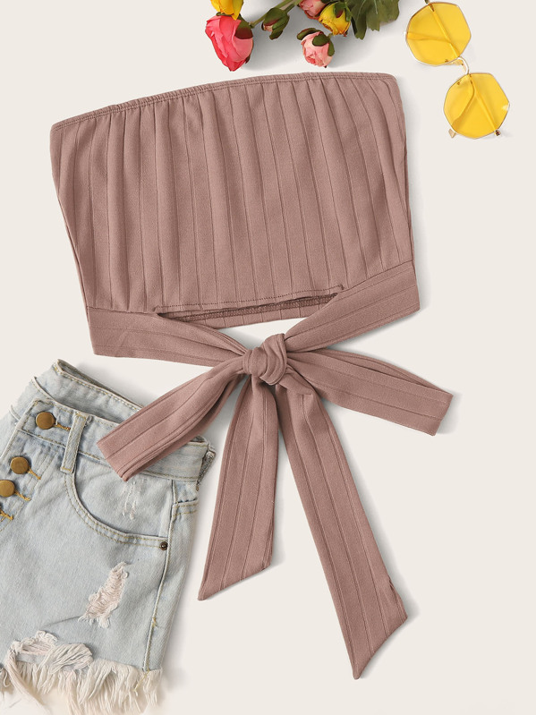 

Tie Hem Rib-knit Tube Top, Nude