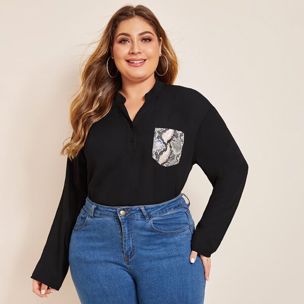 

Plus Snakeskin Print Patch Pocket Half Button Front Blouse, Black
