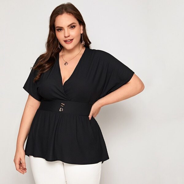 

Plus Plunging Neck Button Detail Peplum Top