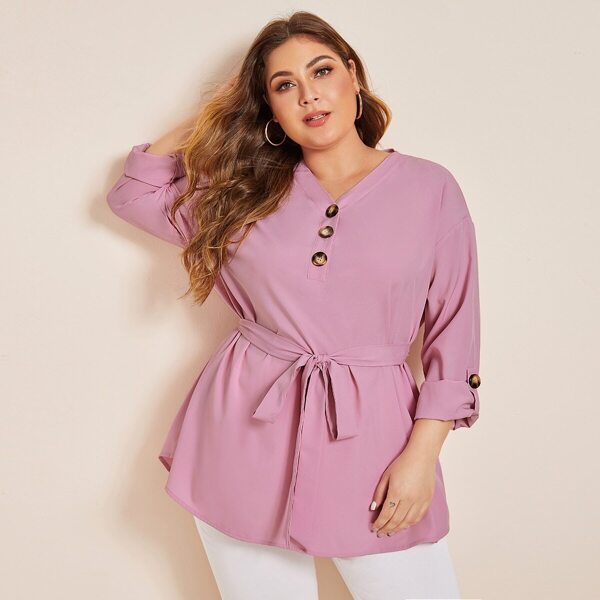 

Plus V-neck Roll Tab Sleeve Belted Blouse, Pink