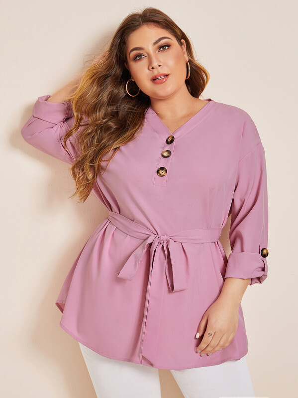 

Plus V-neck Roll Tab Sleeve Belted Blouse, Pink, Carol