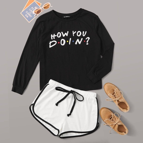

Slogan Graphic Top & Dolphin Shorts Set, Black and white