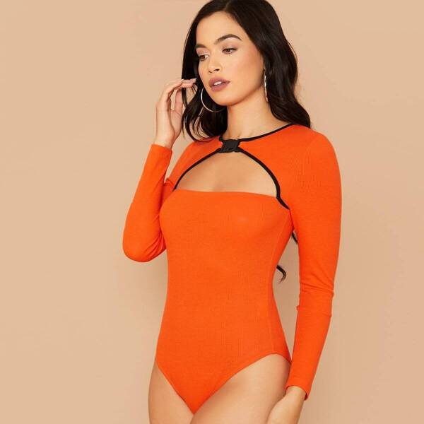

Neon Orange Push Buckle Cutout Front Ribbed Bodysuit, Orange bright