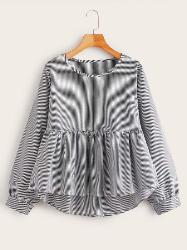 

Striped Dip Hem Babydoll Blouse, Black and white