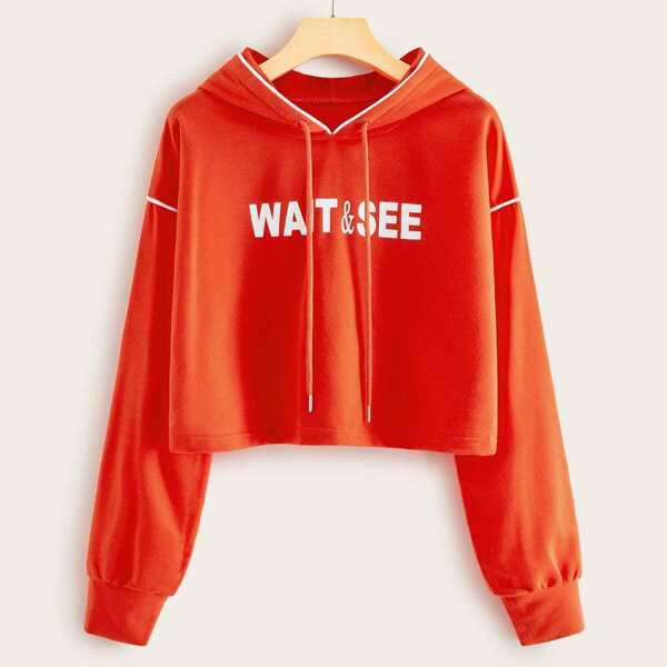 

Letter Print Contrast Piping Crop Hoodie